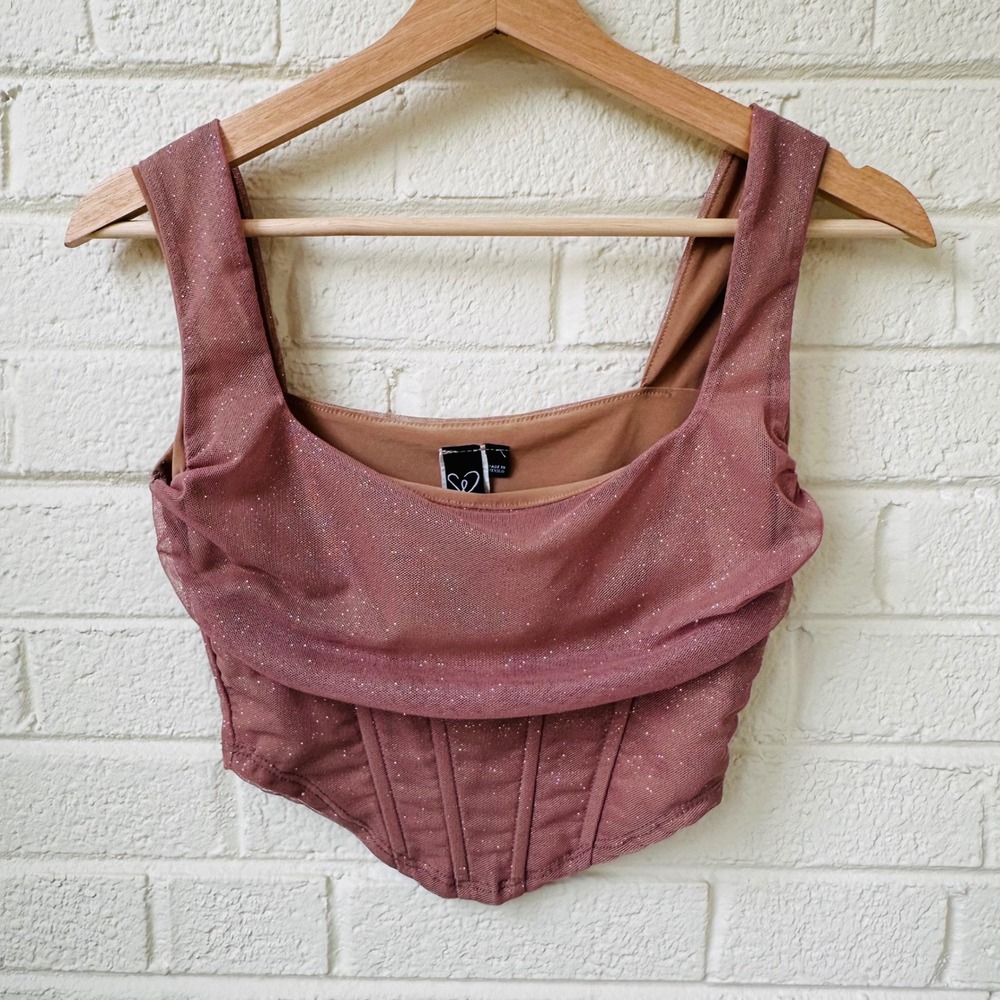 Windsor Mauve Pink Glitter Mesh Corset Crop Top Cowl Neck Boning Size Small